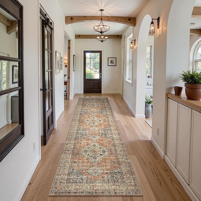 Lahome Oriental Kitchen Runners for Hallways, 2.5x10 Washable Runner Rug Non Slip, Soft Hallway Rug Distressed Ultra-Thin Long Carpet for Bathroom Entryway ?랡edroom, Peach/Orange