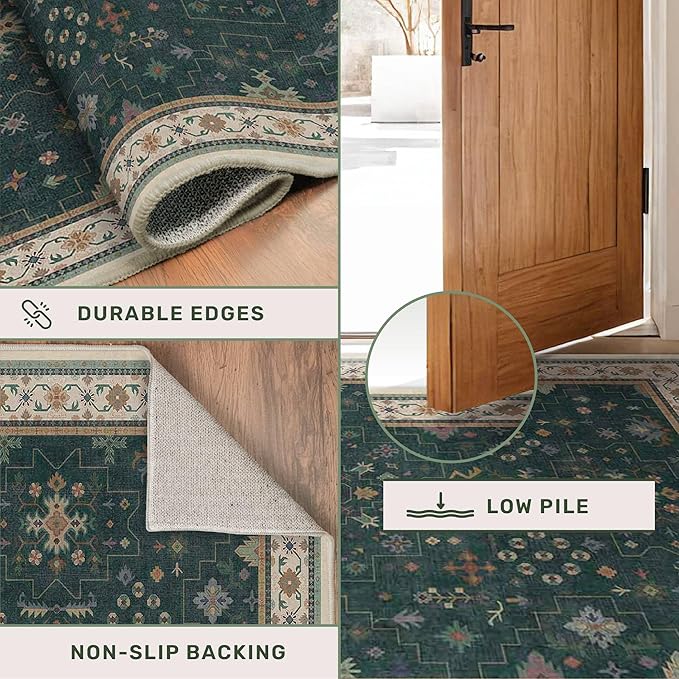 Vintage Dark Green 7x9 Dining Room Rugs for Under Kitchen Table - Washable Livinig Room Rug - Unique Floral Pastel Low Pile Non-Slip Area Rugs for Bedroom