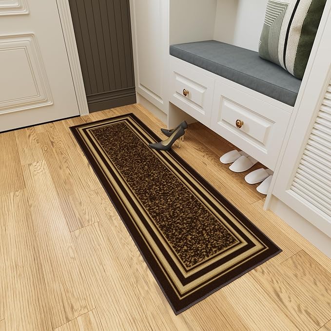 Ottomanson Hallway Runner Rug 20" x 59" Non Slip Border Area Rugs Easy to Clean Laundry Rug Runner Durable & Pet Friendly Floor Carpet Runners for Hallways Entryway Living Room Kitchen, Brown