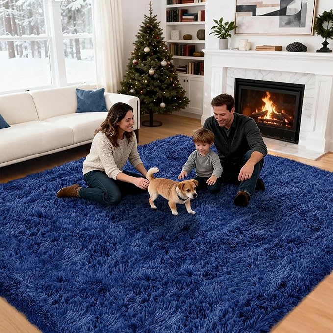 8x10 Area Rug for Living Room: Ultra Soft Fluffy Rug Modern Large Thicked Shag Rug for Bedroom Non Slip Indoor Fuzzy Carpets for Girls Kids Room Nursery Dorm Home Decor Deep Blue
