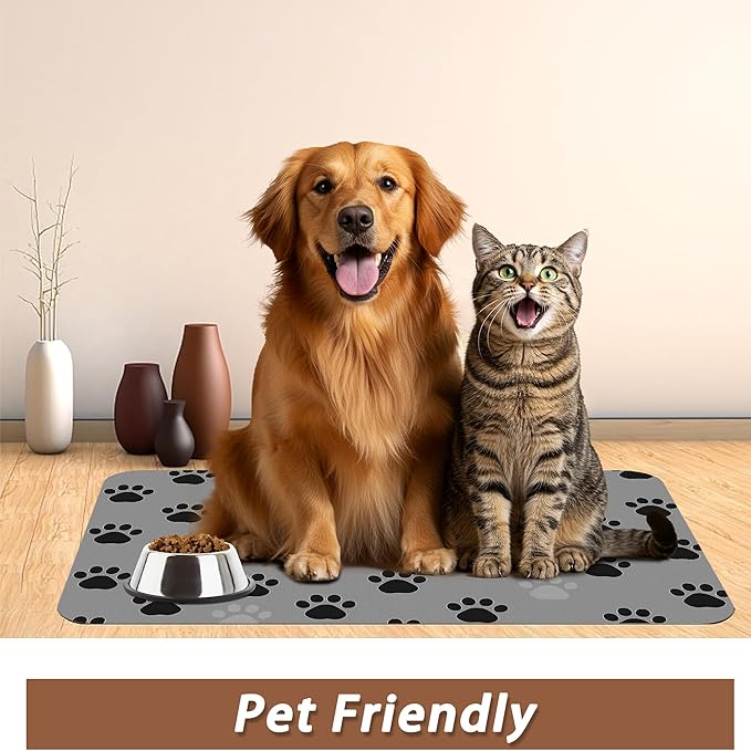 Cat Paw Prints Dog Food Mat for Floors,Gray Black Absorbent Pet Food and Water Bowl Mats,Non-Slip Pet Feeding Mat,Pet Supplies 16" x 24"