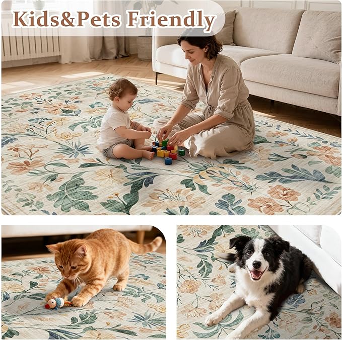 10x14 Area Rugs Washable Rug: Lagre Boho Living Room Rug Soft Non-Slip Thin Carpet Indoor Floor Non-Shedding Neutral Floral Carpets for Bedroom Dining Room Farmhouse Nursery Beige