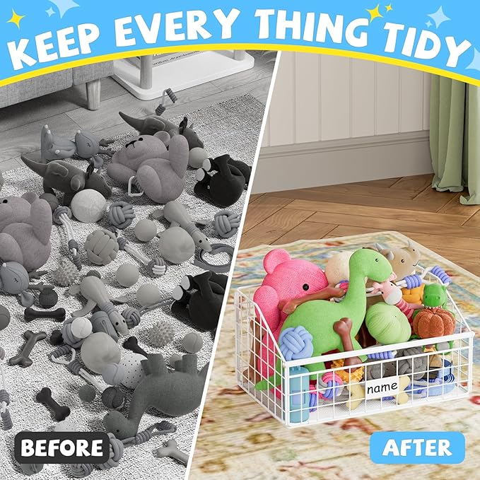 Indestructible Dog Toy basket, Small Toy Box for Dogs, Pet Toy Bin Dog Metal Basket for Toys, Dog Toy Storage, Dog Storage Organizer, Cat Dog Toy Box for Living Room Area (White)