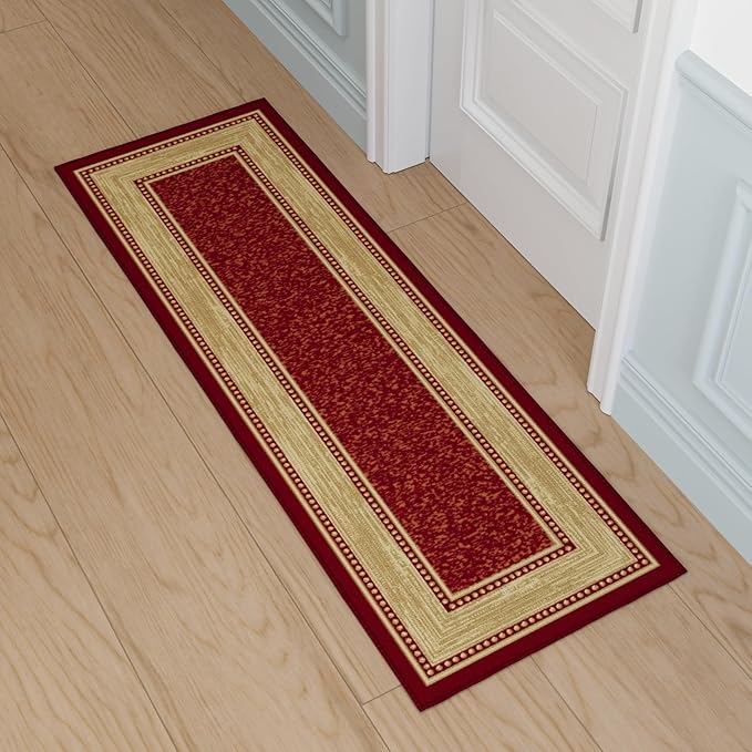 Ottomanson Hallway Runner Rug 20" x 53" Non Slip Border Area Rugs Easy to Clean Laundry Rug Runner Durable & Pet Friendly Floor Carpet Runners for Hallways Entryway Living Room Kitchen Bathroom, Red