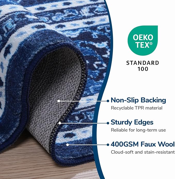 Lessymo 2 x 3 Entryway Rug - Machine Washable Area Rugs Boho Faux Wool Low Pile Area Rug for Bedroom, Floral Medallion Vintage Outdoor Rugs with Non-Slip Rubber,Blue White