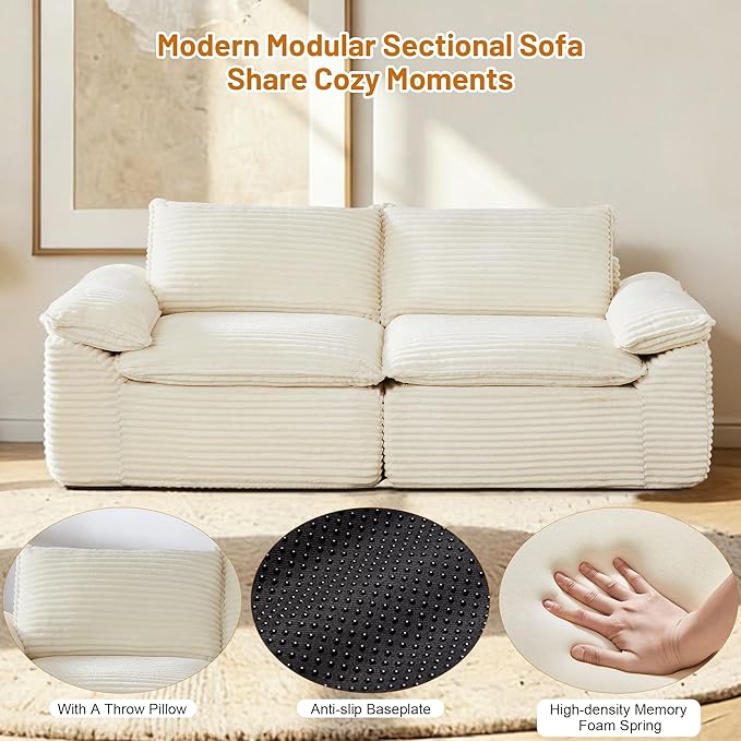 80" Cloud Loveseat Sofa, Boneless Couch Sofa in A Box for Living Room, Modern Modular Sectional Sofas 2 Seat Couch Foam Comfy No Assembly Cloud Couches with Throw Pillows for Bedroom, Dorm, White