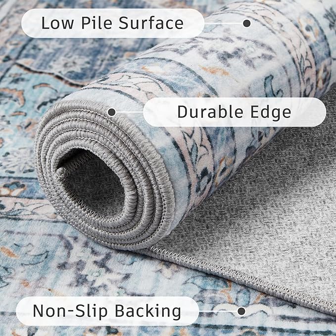DCX Blue 5x7 Area Rug, Machine Washable Non Slip Stain Resistant Rug, for Living Room, Bedroom, Playroom, Soft Low Pile Large Nursery Carpet