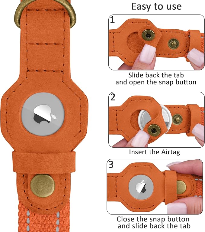 Reflective Leather Dog Collar with AirTag Holder - Soft Apple Airtag Dog Collar with Metal Buckle - Safety Cotton Pet Collars for Dogs Small Large Dogs Puppy (Orange, XL, 20"-25")
