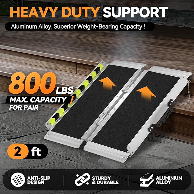 Auto Dynasty Wheelchair Ramp 2FT, Portable Folding Aluminum Wheel Chair Threshold Ramps for Home Steps Doorways, 800Lbs Capacity, 29Inch Width, Metallic/Black
