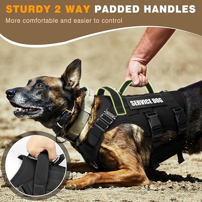 WINSEE Service Dog Vest Harness for Large Dog, Tactical Working MOLLE Vest with 10 Pet Patches, No Pull Heavy Duty Harness for Training Hunting Walking