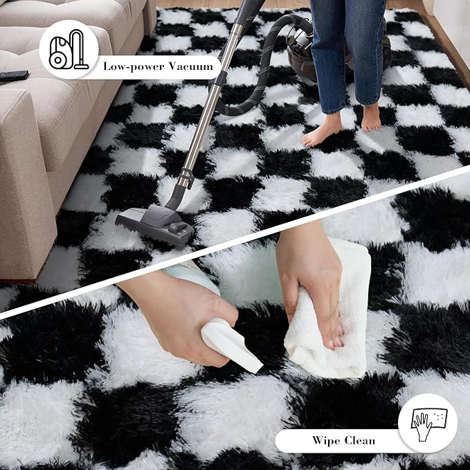 Checkered Rug for Living Room, 8x10 Black and White Area Rugs, Classic Checkered Carpets Shaggy Area Rug, Bedside Rugs for Living Room Bedroom Kids Room Home Decor