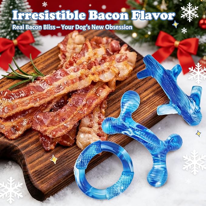 Furdog 3Pack Dog Toys for Aggressive Chewers Dog Chew Toy Tough Dog Toys to Keep Them Busy Bacon Flavor Teething Chew Toys & Dental Health for Large Medium Small Breeds (Blue)