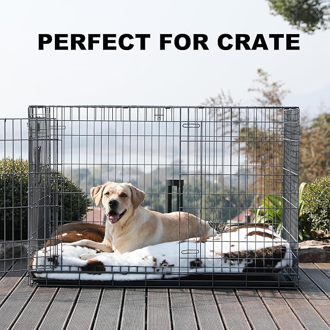 Bedfolks Plush Waterproof Dog Crate Bed, Faux Fur Kennel Pad for Extra Large Dogs, Removable Washable Cover, 41"x27", Cow Print