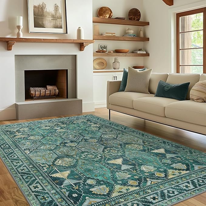 Bavni Washable Rug 6x9 Area Rug for Living Room Bedroom Dining, Washable Vintage Print Carpet, Ultra-Thin Chenille Low Pile Lightweight Rug with Non Slip Backing, Dark Green