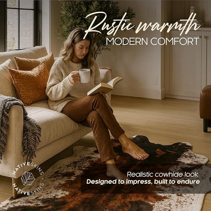 NativeSkins Faux Cowhide Rug 6'3" x 8'2" ??Brown Cow Print Area Rug for Living Room & Bedroom ??Non-Shedding, Flat-Lay, Pet-Friendly ??Faux Suede Grip Backing ??Vegan Western Farmhouse Decor