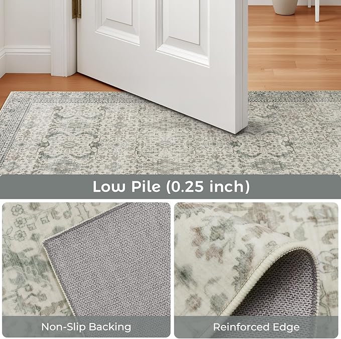 Washable Area Rugs 9x12 Floral Beige, Large Indoor Rug for Living Room Bedroom, Vintage Farmhouse Carpet for Dining Room, Cream White
