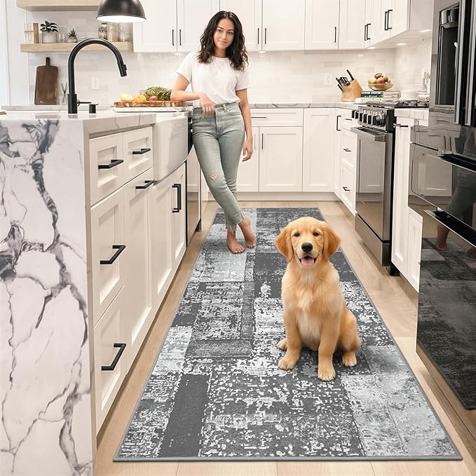 LOCHAS Washable Runner Rugs for Hallway, 2x6 Non Sip Soft Rug for Bedroom Entryway Kitchen Laundry Room, Long Abstract Carpet for Indoor Floor Bedside, Grey Geometric Vintage Decor, Pet & kid Friendly