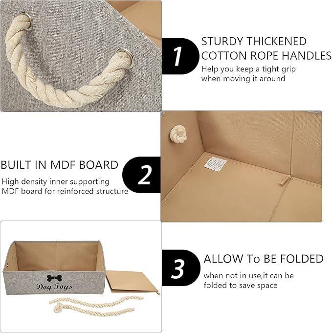 Geyecete Large Dog Toys Storage Bins - Foldable linen Trapezoid Organizer Boxes with weave Rope Handle, Collapsible Basket for Shelves (Light Brown-DOG)