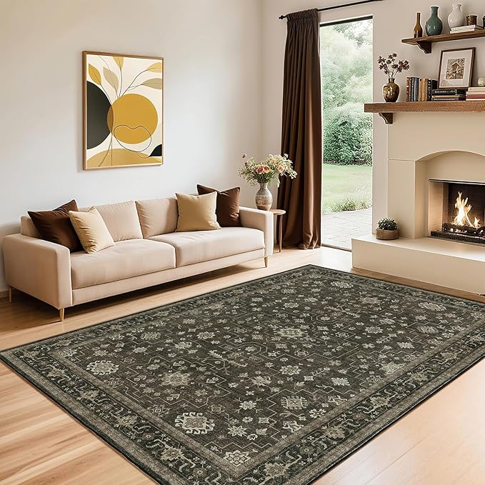 LBRO2M Farmhouse Washable Rugs 5X7 for Living Room Bedroom Vintage Non Slip Rugs Easy Clean, Low Piles Stain Resistant Carpet Distressed Area Rug Great for Pets and Family (5'X7' Dark Brown)