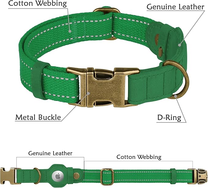 Reflective Leather Dog Collar with AirTag Holder - Soft Apple Airtag Dog Collar with Metal Buckle - Safety Cotton Pet Collars for Dogs Small Large Dogs Puppy (Green, L, 17"-21")