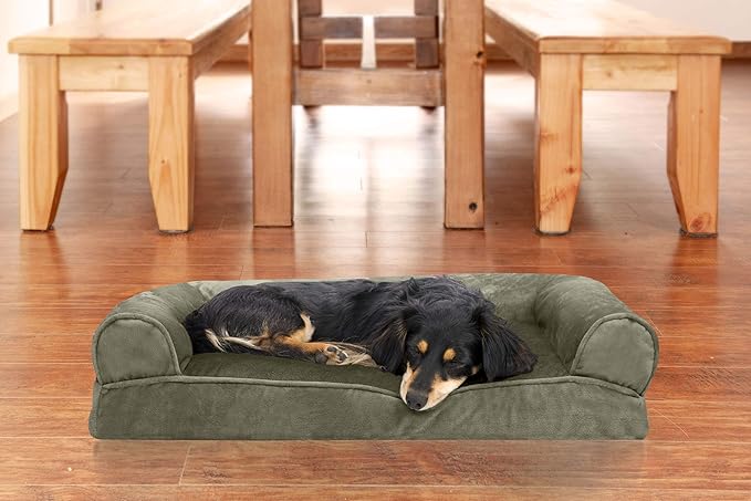 Furhaven Pillow Dog Bed for Medium/Small Dogs w/ Removable Bolsters & Washable Cover - Faux Fur & Velvet Sofa - Dark Sage, Medium