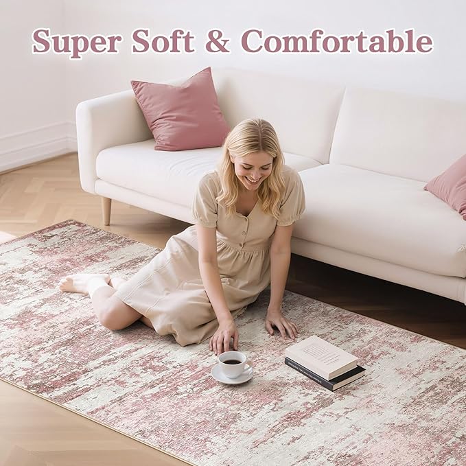 Area Rugs for Living Room: 3x8 Abstract Washable Rug Modern Neutral Large Soft Stain Resistant Non-Slip Backing Machine Table for Bedroom Dining Room Indoor Home Office Carpet - Pink