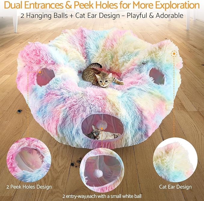 Cat Tunnel Bed, Collapsible Cat Tunnel with Washable Cushion,3-in-1 Multi-Functional Play Tunnel with Peek Holes & Ears, Indoor Playhouse for Cats Kittens Rabbits Small Dogs,Gift for Pet