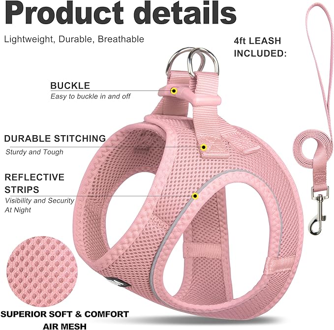 Fida Comfy Dog Harness with Leash, Cat Vest Harness Escape Proof, Breathable Lightweight Soft Mesh, Adjustable Reflective Step-in Harness for Puppy Toy Breeds & Extra-Small Pet (XXS, Pink)