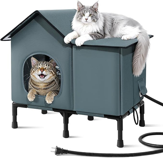 Weatherproof Heated Cat House for Outside with Heating Pad, Elevated Feet Outdoor Cat House, Expanded Canopy Warm Cats Shelter, Heating Pet Beds for Feral or Stray Cats in Winter (Warm Grey, Heated)