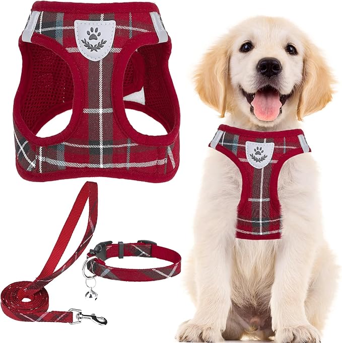 PUPTECK Adjustable Pet Harness Collar and Leash Set Step in for Small Dogs Puppy and Cats Outdoor Training and Running, Soft Mesh Padded Reflective Vest Harness,XXS,New Red
