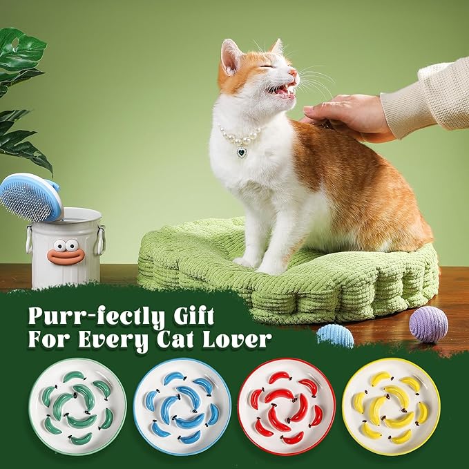 Ceramic Cat Slow Feeder Bowl - Vibrant Cat Feeding Bowl - Cute Maze Food Dish for Slow Eating - Dishwasher Safe - 6.3''W x 1.2''H - 7 OZ - Red