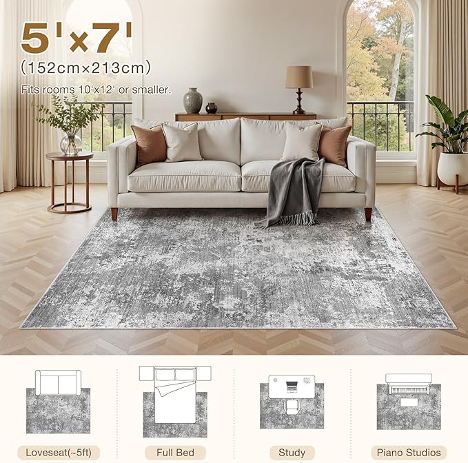 Area Rugs for Living Room: 5x7 Abstract Washable Rug Modern Neutral Large Soft Stain Resistant Non-Slip Backing Machine Table for Bedroom Dining Room Indoor Home Office Carpet - Light Grey