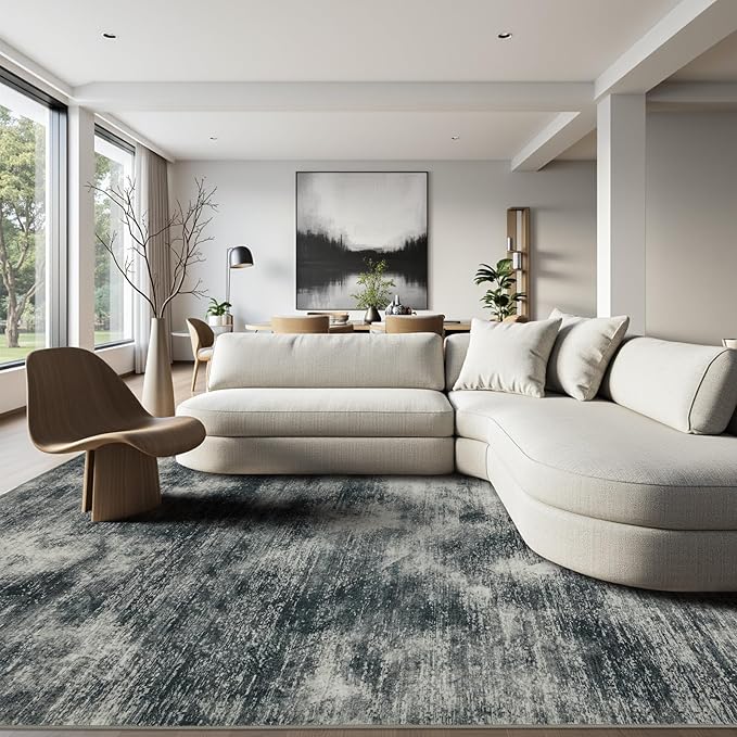 Joydeco 6x9 Area Rugs for Living Room, Non-Slip Modern Abstract Soft Washable Rug, Low Pile Carpet for Bedroom, Dining Room, Home Office, Pet & Child Friendly, Light Gray & White & Dark Gray