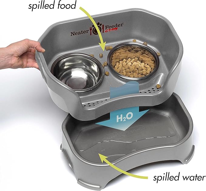 Neater Feeder Deluxe Mess Proof Dog Bowls Elevated Medium Sized Dogs (19-40 lbs) Made in USA, No Spill Raised Dog Food Bowl Stand w/Leg Extension, Stainless Steel Food and Water Bowl Set, Grey