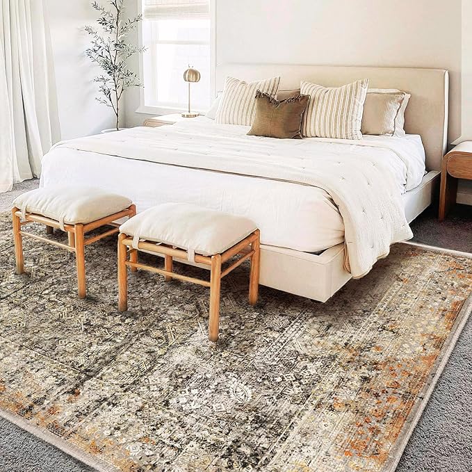 5'x7' Washable Area Rug Vintage Traditional Floor Cover Foldable Thin Kitchen Accent Indoor Distressed Non Slip Carpet Floral Print Mat for Bedroom Living Room Bathroom