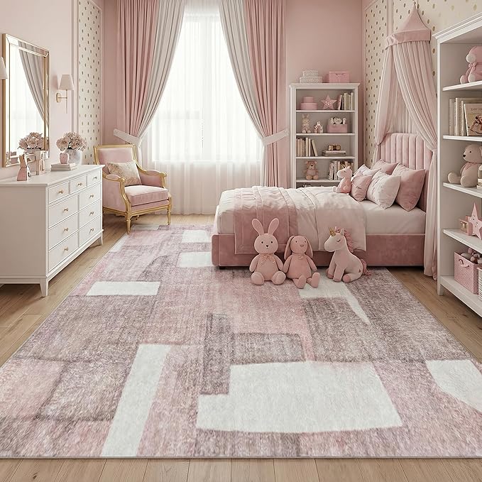 8X10 Area Rugs Modern Abstract Large Carpet for Living Room Bedroom Dining Room Office Nursery, Non Slip Washable Pink Rugs 8X10 Geometric Pattern Thin 8 by 10 Indoor Home Decor Pet & Child Friendly