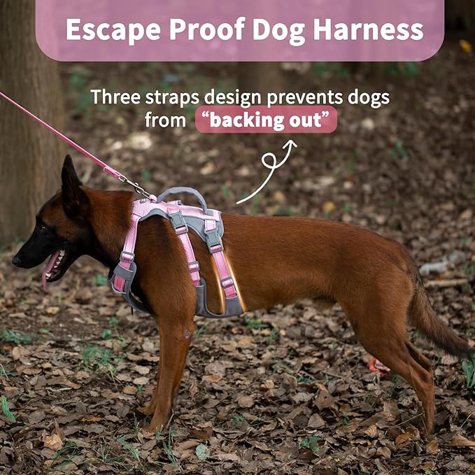 Huntboo Reflective Dog Harness with Handle, Escape Proof, No Slip, Breathable, Lightweight, Adjustable Lift Harness for Small, Medium, and Large Dogs Walking, Training, and Running Gear(Light Pink,L)