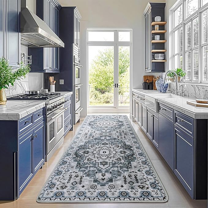 LBRO2M Boho Washable Runner Rug 2'6“X8’ Dusty Blue Washable Hallway Runner Rugs Non Slip Low Piles Rugs, Soft, Area Rug Runners for Hallways, Bedroom, Kitchen Laundry Room (2'6"X8', Dusty Blue)
