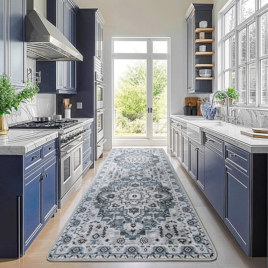 LBRO2M Boho Runner Rug 2X6 Hallway Rug Non Slip Washable Runners for Hallways, Bedroom, Kitchen Laundry Room Pet Friendly Area Rugs (2X6, Dusty Blue)