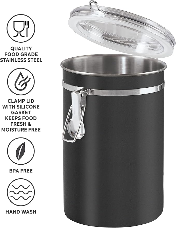 Oggi Stainless Steel Kitchen Canister 62 fl oz, Black - Airtight Clamp Lid, Clear See-Thru Top - Ideal for Kitchen Storage, Food Storage, Pantry Storage. Large Size 5" x 7.5".
