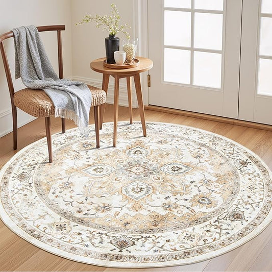 AMADA HOMEFURNISHING 4ft Area Rugs, Blue Low-Profile Washable Rug with Non-Slip Backing & Durable Edge Binding, Vintage Rugs for Living Room, Bedroom, Dinning Room