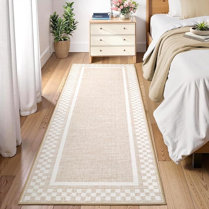 Rug Runners for Hallways 2x8 Washable Kitchen Runner Rug Non Slip Low Pile Bedside Throw Carpet Modern Bordered Bathroom Runners Checkered Area Rug for Living Room Bedroom Entryway Nursery, Beige
