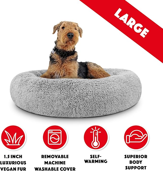The Dog’s Bed Calming Plush Donut Dog Bed, Replaceable Zip Cover, Silver Grey Fur, Large