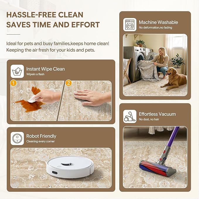HUGEAR Machine Washable Area Rugs 6x9 Vintage Beige Brown Living Room Bedroom Rug Neutral Style Non Slip Stain Resistant Low Pile Throw Carpet for Home Retro Aesthetic Modern Decor