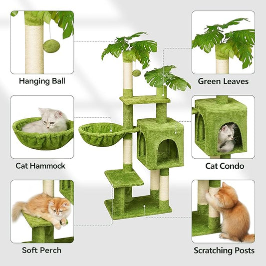 Green Tall Cat Tree 47-Inch for Kittens Under 6 Months 9lbs, Cat Tower for Small Cats - Scratching Post, Plush Hammock, Double Condos & Dangling Toys