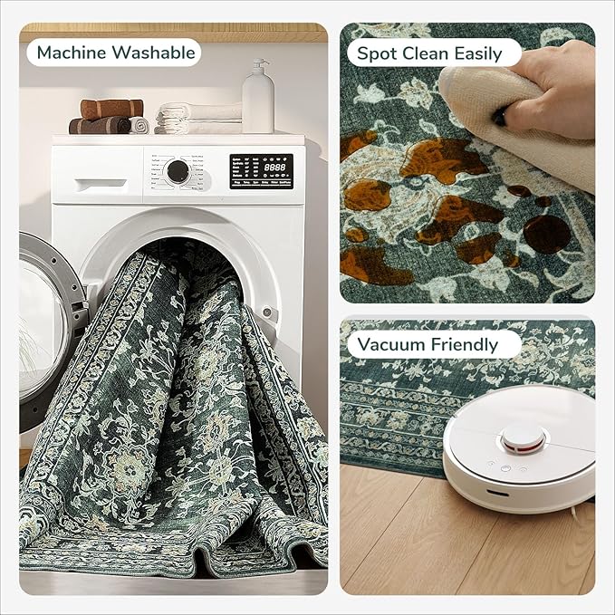 Lessymo 5x7 Area Rugs for Living Room, Machine Washable Non Slip Rug, Soft Low Pile Carpet for Bedroom Dining Home Office, Vintage Dark Green Distressed Floral Floor Mat