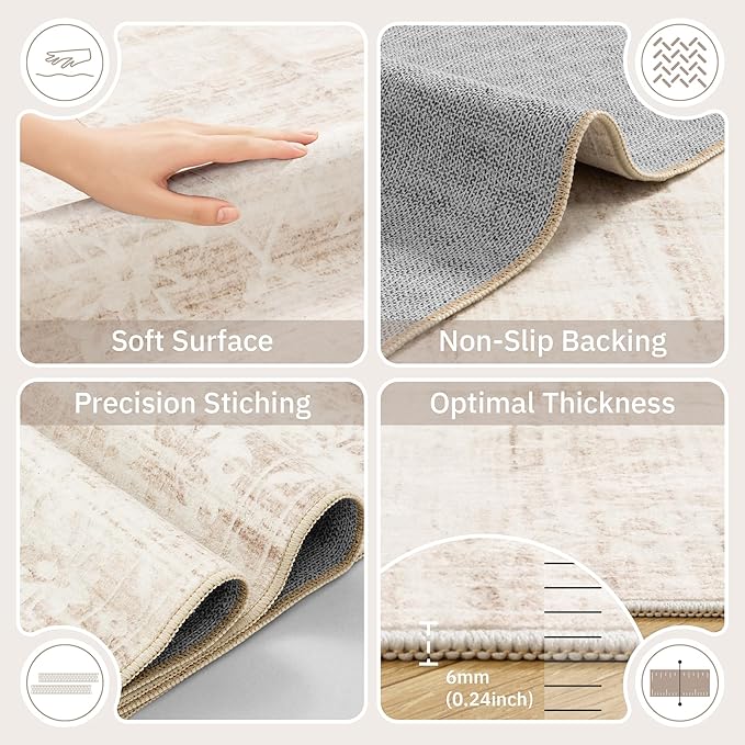 8x10 Area Rugs for Living Room, Stain Resistant Neutral Washable Rugs for Dining Room, Floral Vintage Non-Slip Thin Large Size Area Rug Beige Ivory