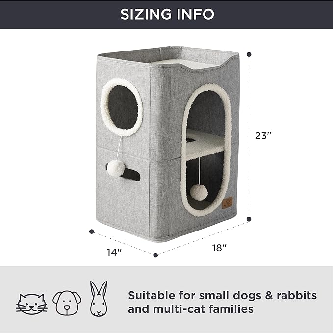 Bedsure 2 Story Cat House - Cat Condos for Indoor Cats with Scratch Pad and Fluffy Ball Hanging, Small Pet Cave Furniture Hideaway for Multi Pets, 18x14x23 inches, Grey