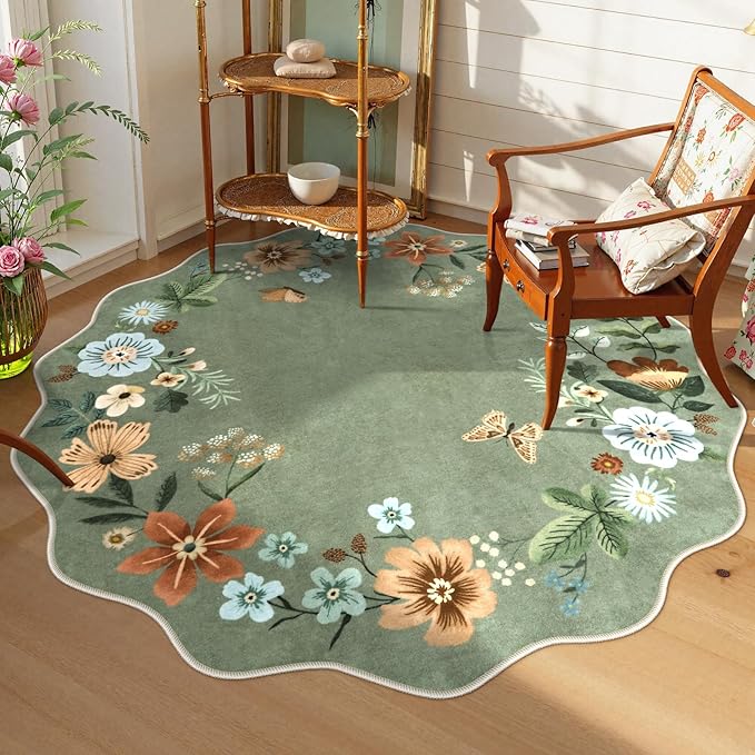 Lahome Floral Washable Round Area Rug, Round Rug 5ft Soft Non-Slip, Non-Shedding Boho Circle Carpet for Bedroom Living Room Bathroom Nursery Kitchen, Green