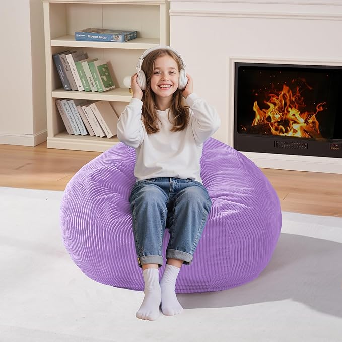 Homguava 2FT Bean Bag Chair,Teardrop Bean Bags Small Beanbag Chair with Memory Foam Filled and Ultra Soft Corduroy Cover for Living Room, Bedroom (Purple)